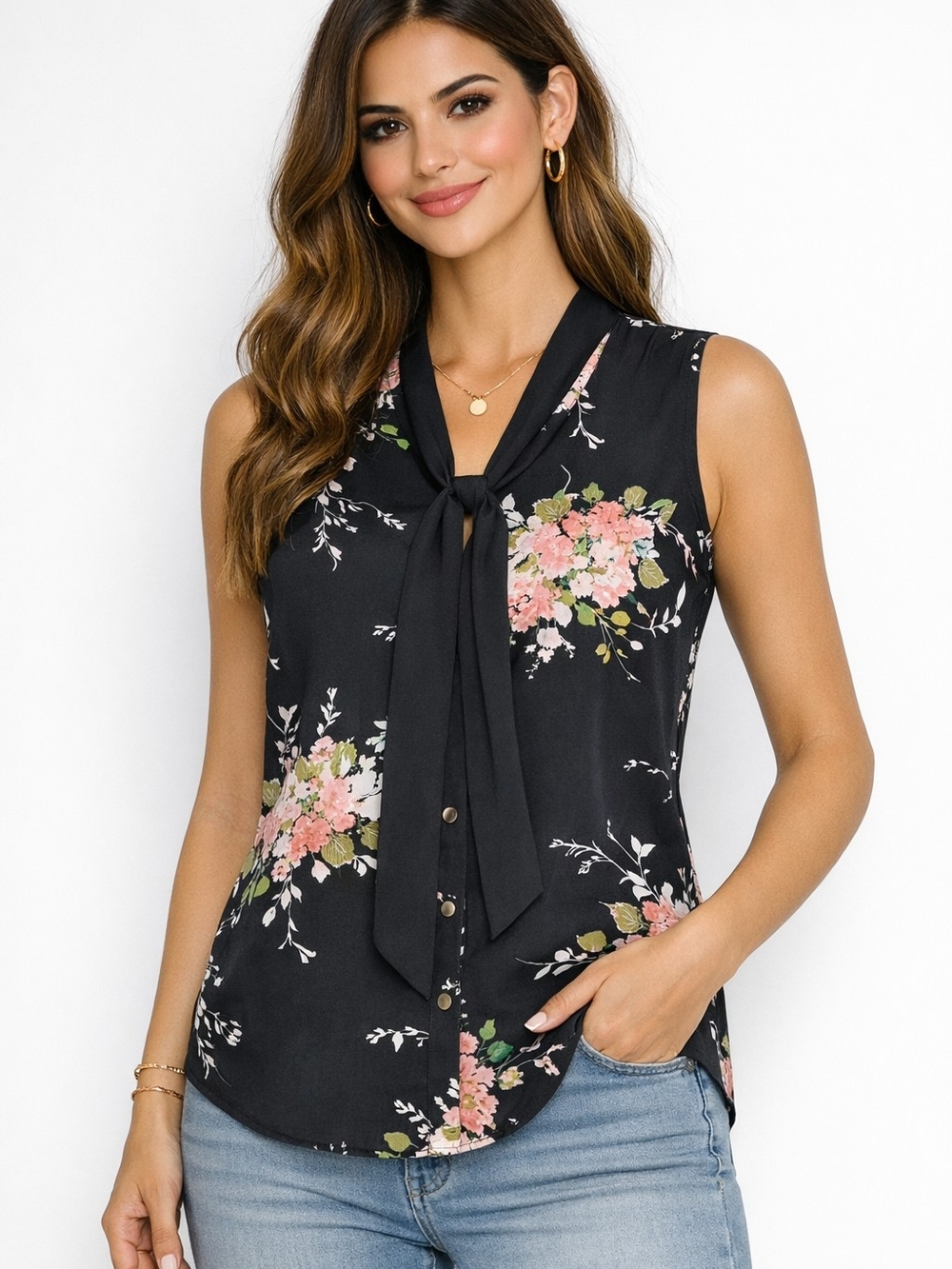 Miss Chievous Black Sleeveless Floral Tie-Neck Blouse